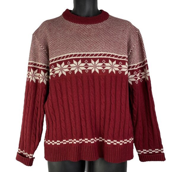 Vintage 70s JC Penney Cable Knit Sweater Size L Burgundy White Nordic Snowflake